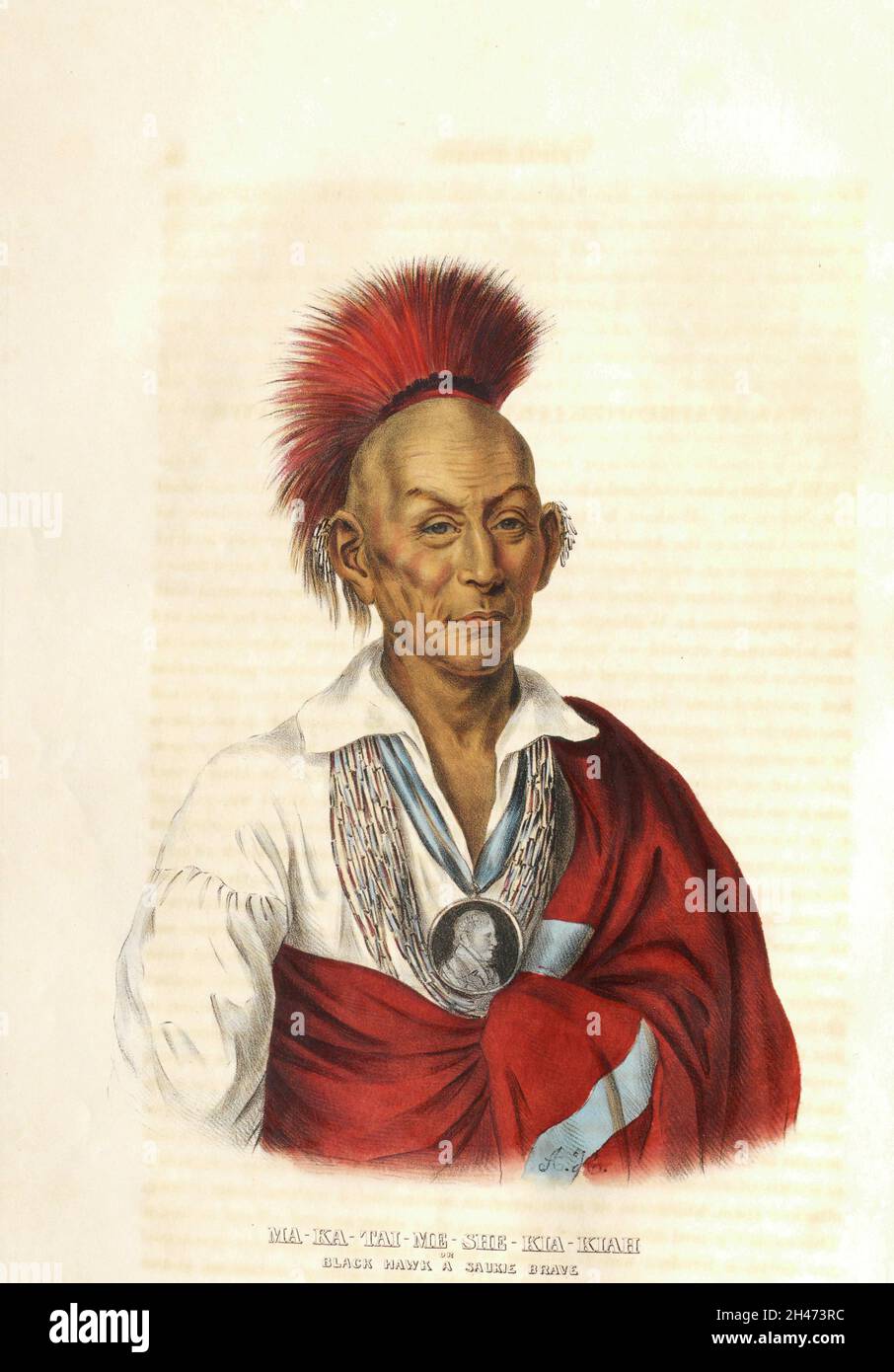Makataïmeshekiakiah, ou Black Hawk, nom original Bruant noir A Saukie Brave (Sauk) 1767 – 1838 tiré du livre « Histoire des tribus indiennes d'Amérique du Nord avec des croquis biographiques et des anecdotes des principaux chefs.' Volume 2 de 3 par Thomas Loraine, McKenney et James Hall Esq.Publié en 1842 peint par Charles Bird King Banque D'Images