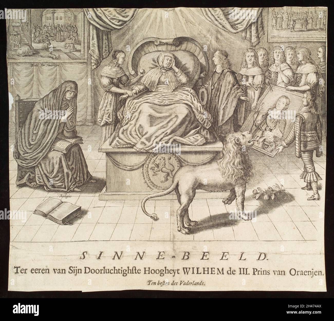 Une femme se trouve dans un lit, causeuse (représentant les pays-Bas); les serviteurs tentent de rehausser son esprit en lui montrant un portrait du nouveau Stadholder, William III Prince of Orange (par la suite William III Roi d'Angleterre).Gravure, env.1672. Banque D'Images