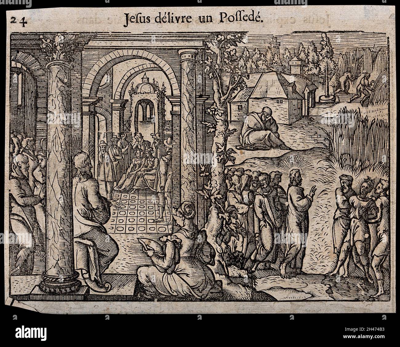 Le Christ guérit un homme possédé par des démons.Coupe de bois, XVIe siècle. Banque D'Images