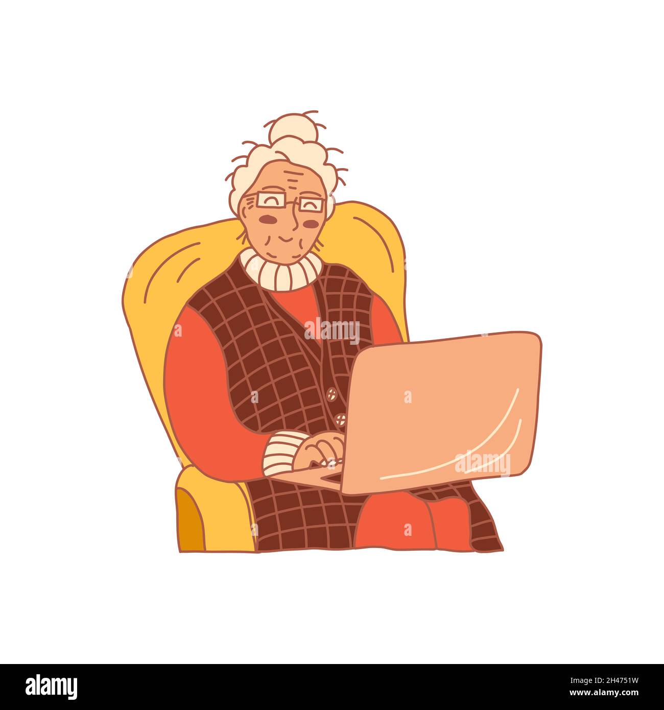 Happy Grandma est assis dans une chaise avec des lunettes et un ordinateur portable.Illustration vectorielle colorée et isolée à la main.La grand-mère sourit et communique via Illustration de Vecteur