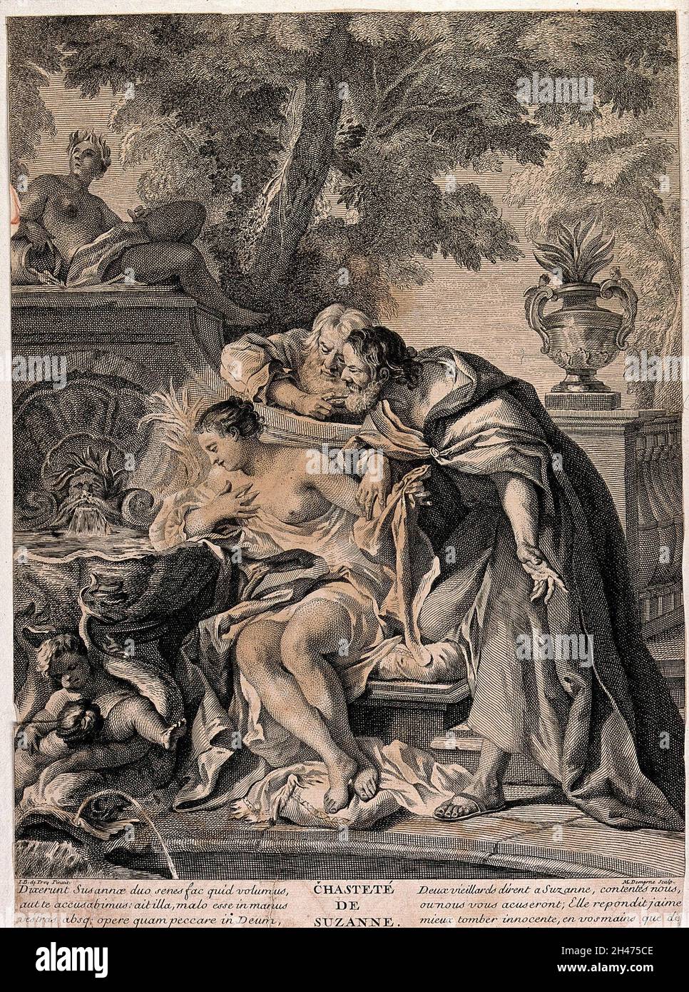 Susanna se repose près d'une fontaine et deux hommes regardent et penchent sur elle.Gravure par M. Demarne après J.F. de Troy. Banque D'Images