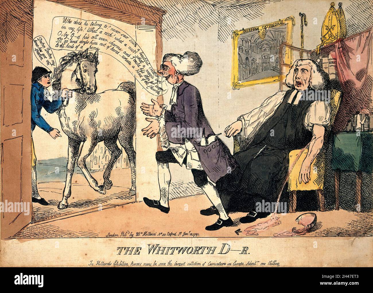 Un chirurgien qui laisse du sang de Thomas Thurlow, évêque de Durham, mais laisse son patient pour s'occuper d'un cheval malade.Gravure colorée par H.W., 1791. Banque D'Images