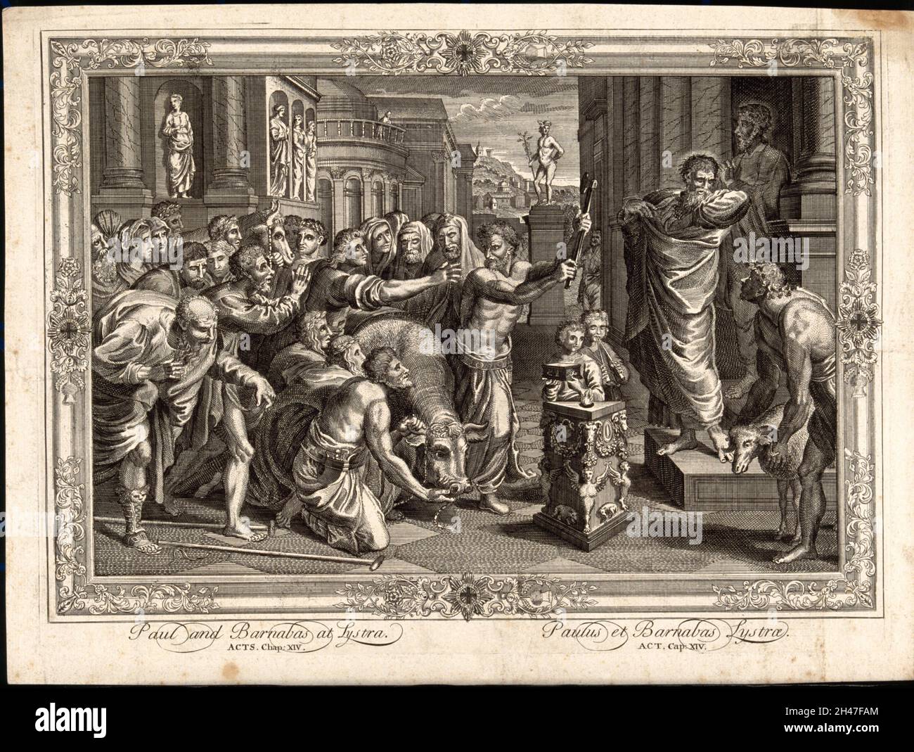 Après la guérison d'un homme boiteux, les apôtres Paul et Barnabas se trompent pour les dieux de Lystra; le prêtre leur apporte un sacrifice d'oxen.Gravure après Raphaël. Banque D'Images