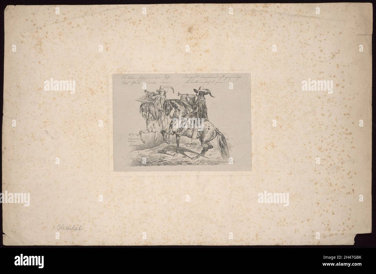 Deux buglers à cheval soufflant un fanfare ou un signal.Gravure par Ferdinand (Fernando), roi du Portugal, 1841, après J.M.Foussereau. Banque D'Images