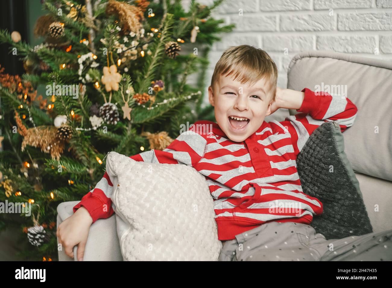 Joyeux petit garçon et arbre de Noël, décoration naturelle avec fleurs sèches.Concept Noël et nouvel an. Banque D'Images