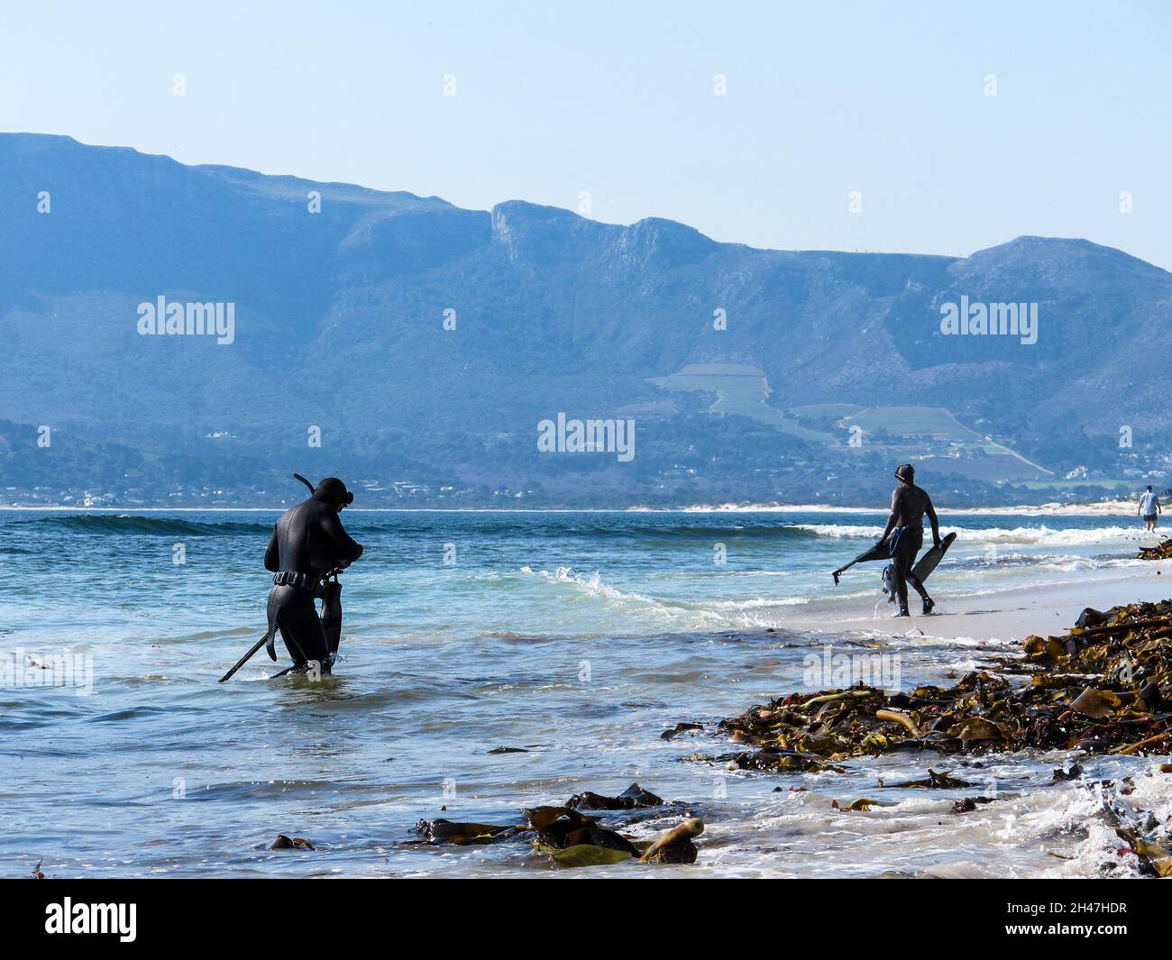Pêche à la lance en mer avec deux hommes portant des combinaisons et tenant des pistolets à lance et des poissons au Cap-Occidental, Afrique du Sud Banque D'Images