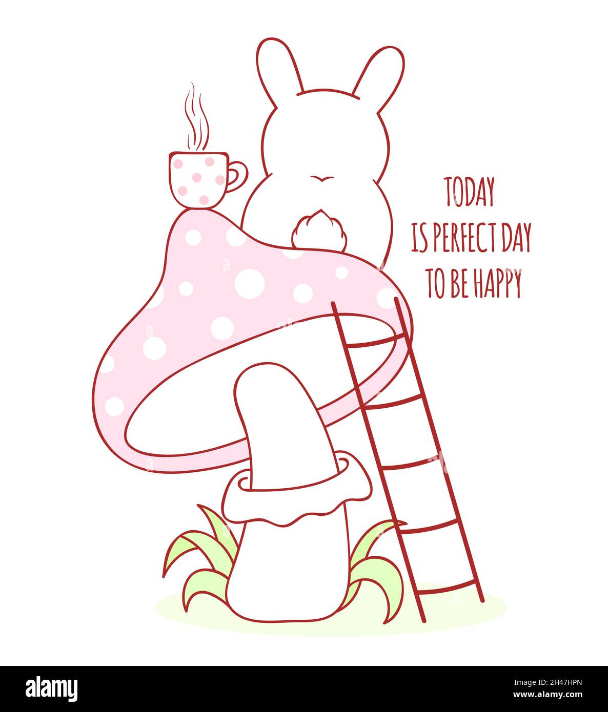 Affirmation pour enfants salle de jeux, garderie.Citation positive inspirée aujourd'hui en journée parfaite pour être heureux.Mignon petit lapin avec tasse de thé sur champignon.CAN Illustration de Vecteur