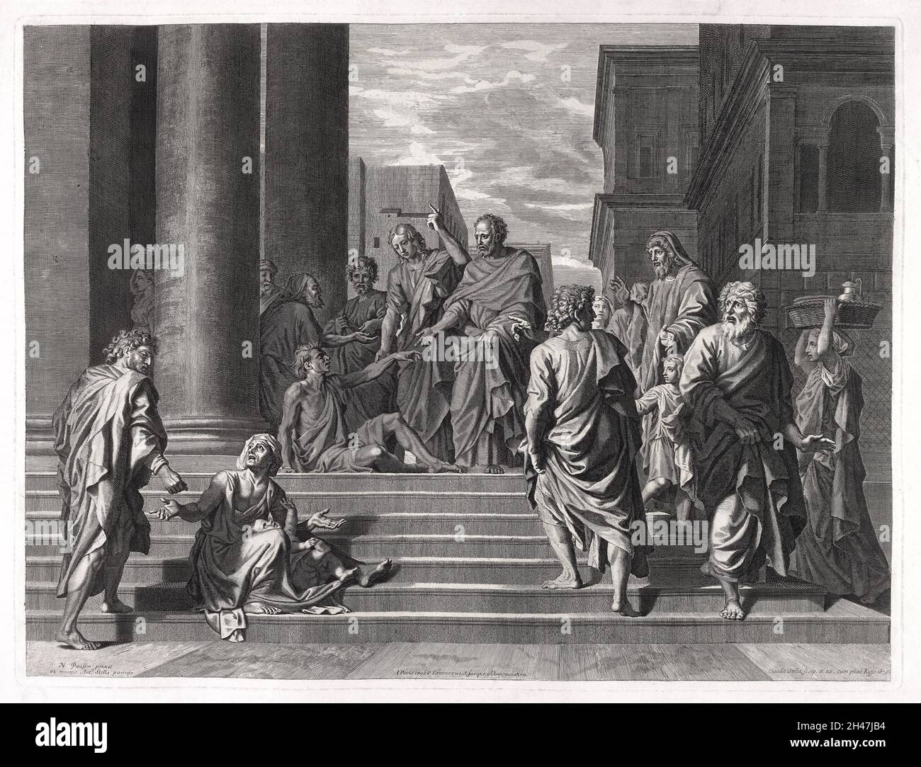 Saint Pierre et Saint Jean guérissant l'homme boiteux à l'entrée du Temple à Jérusalem.Gravure de Claudia Bouzonnet-Stella, 1679, d'après N. Poussin. Banque D'Images