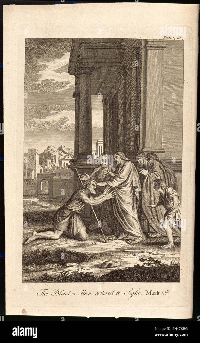 Christ guérit un aveugle en posant sa main sur ses yeux.Gravure. Banque D'Images