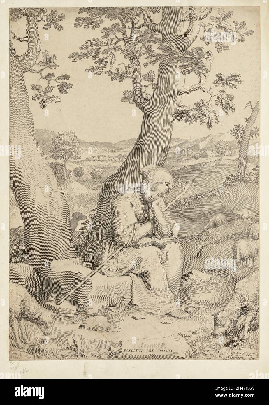 Une jeune bergerie lisant un livre d'amélioration tout en s'occuper de son troupeau.Gravure de lignes par C. Mellan, 1680. Banque D'Images