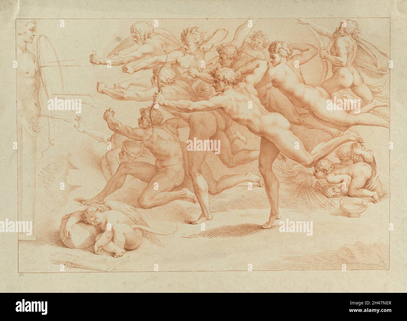 Archers tournant à un herm.Gravure en couleur de F. Bartolozzi, 1785, d'après Michel-Ange. Banque D'Images