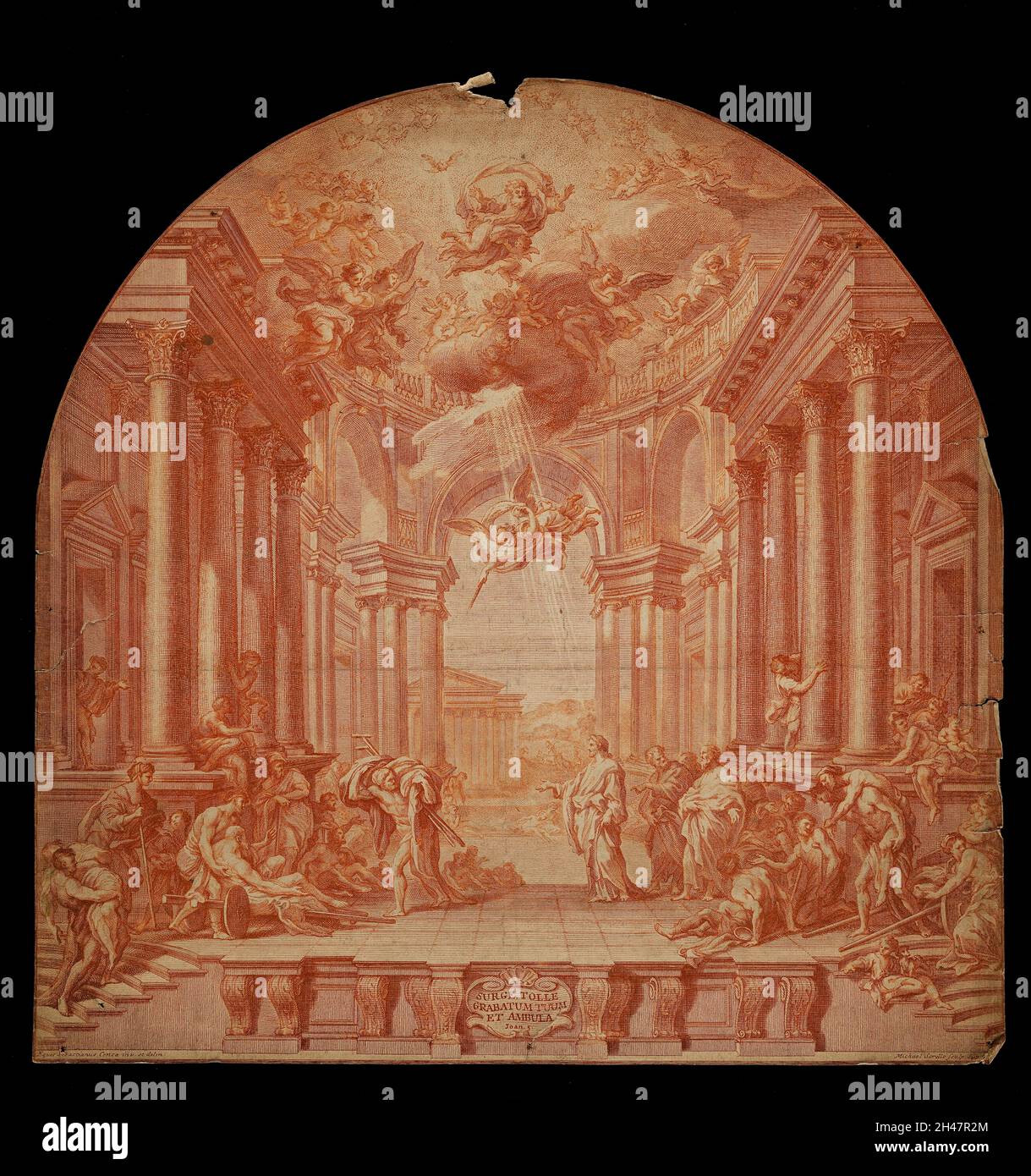 Christ guérissant le boiteux à la piscine de Bethesda.Gravure par M. Sorello après S. Conca. Banque D'Images