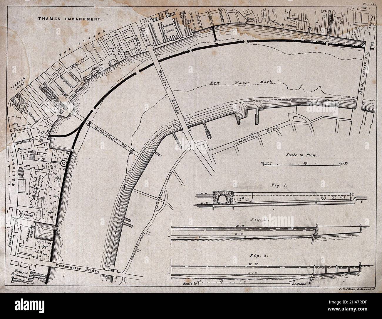 Un plan de la rive de la Tamise, du pont Blackfriars au pont Westminster, avec des sections en trois points.Lithographie de J. R. Jobbins d'après Sir J. Bazalgette. Banque D'Images