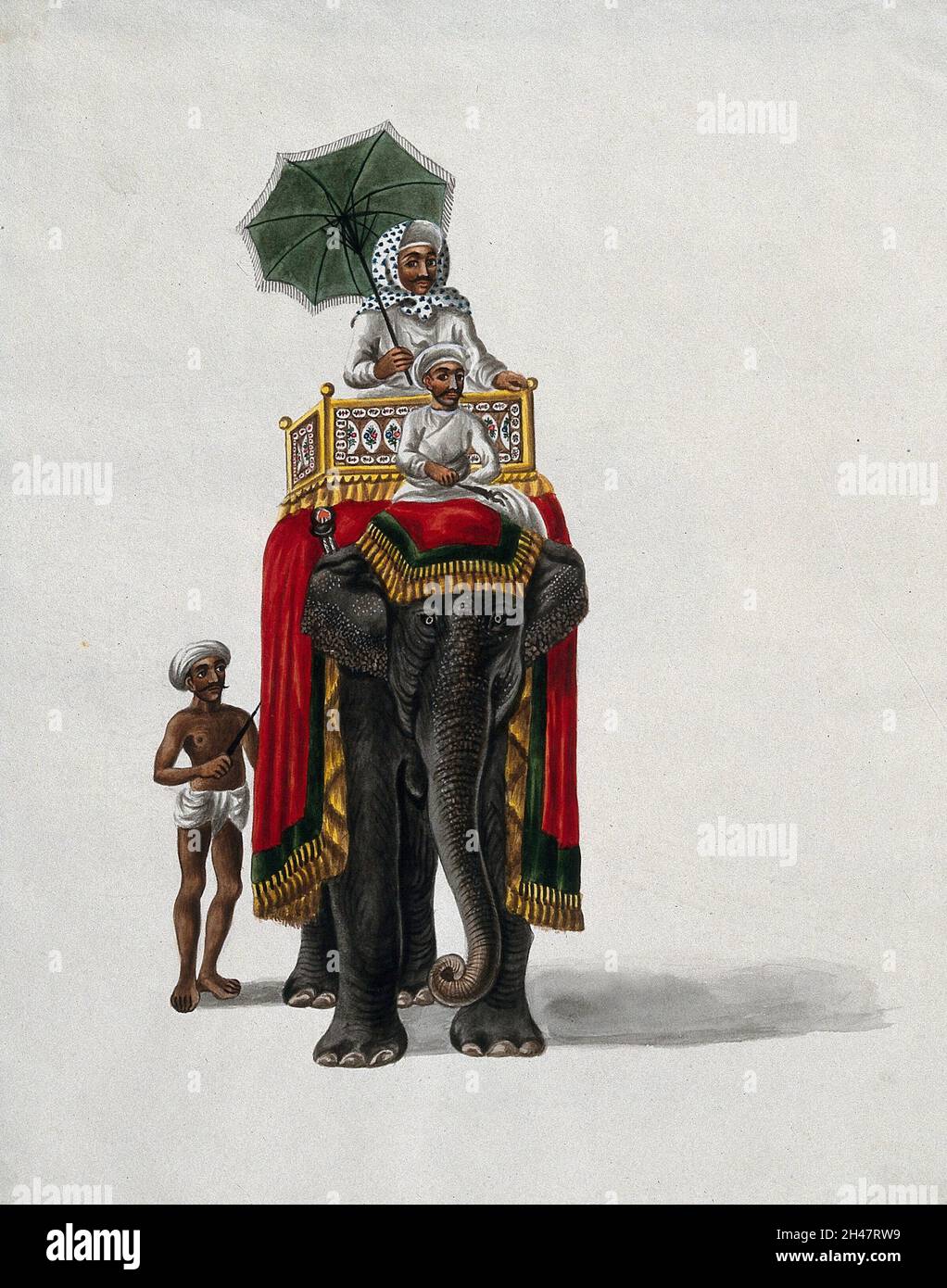 Un homme riche, tenant un parapluie, assis sur un howdah (siège) placé sur le dos d'un éléphant indien drapé de tapis.Peinture de gouache par un artiste indien. Banque D'Images