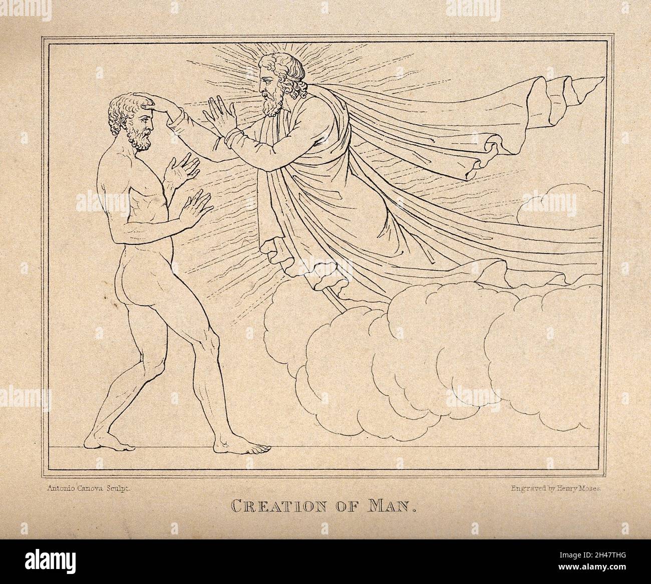 Dieu crée l'homme, sa main inspirant la vie dans la tête d'Adam.Gravure par H. Moses après A. Canova. Banque D'Images