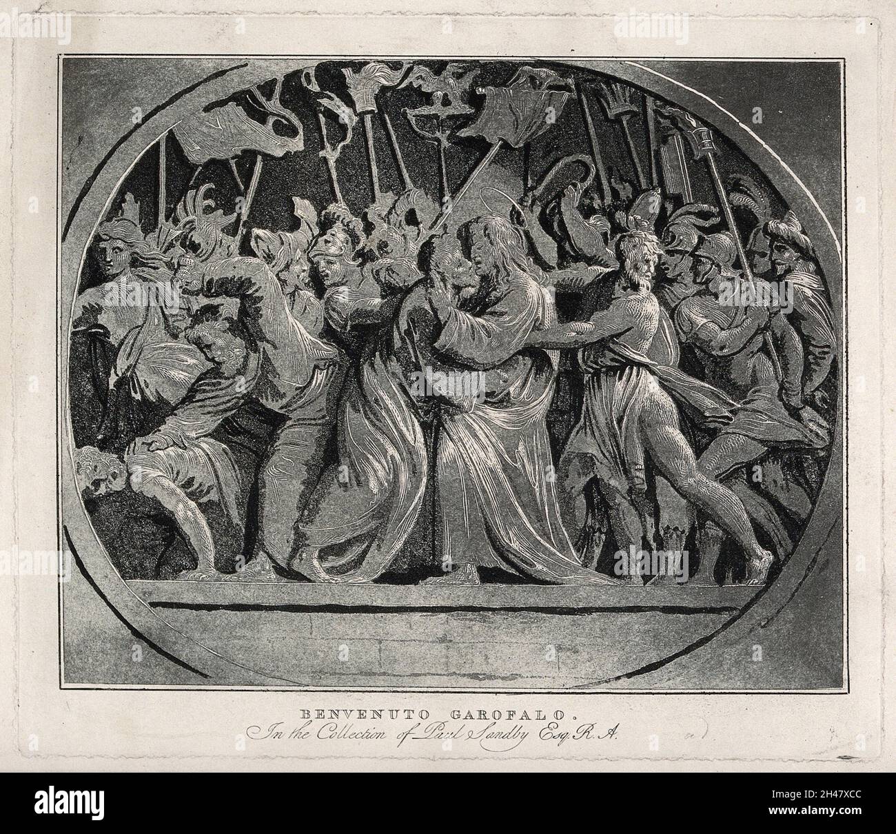 Judas embrasse Jésus sous une forêt de drapeaux, de lances et de lanternes; Pierre coupe l'oreille de Malchus.Aquatint avec gravure par C.M.Metz après B. Tisi, il Garofalo. Banque D'Images