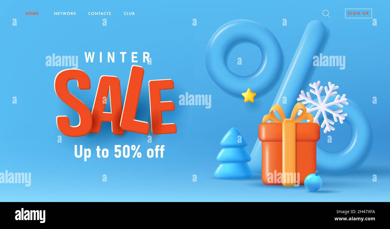 Bannière de Noël avec rendu 3d composition de boîte-cadeau avec sac de shopping monochrome chromé et grand pour cent et flocons de neige, grandes lettres de vente rouge 3d sur Illustration de Vecteur