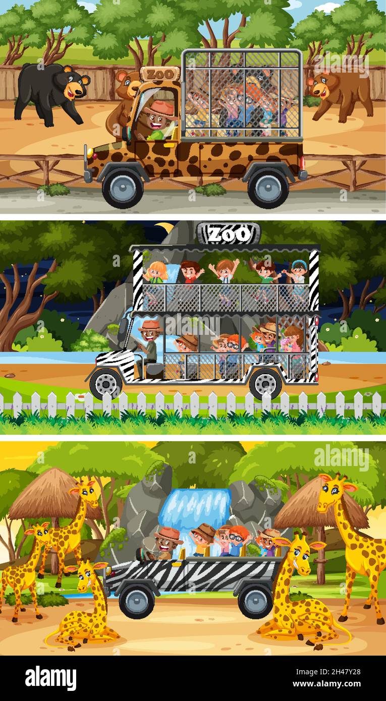 Ensemble de différentes scènes horizontales safari avec des animaux et des enfants illustration du personnage de dessin animé Illustration de Vecteur