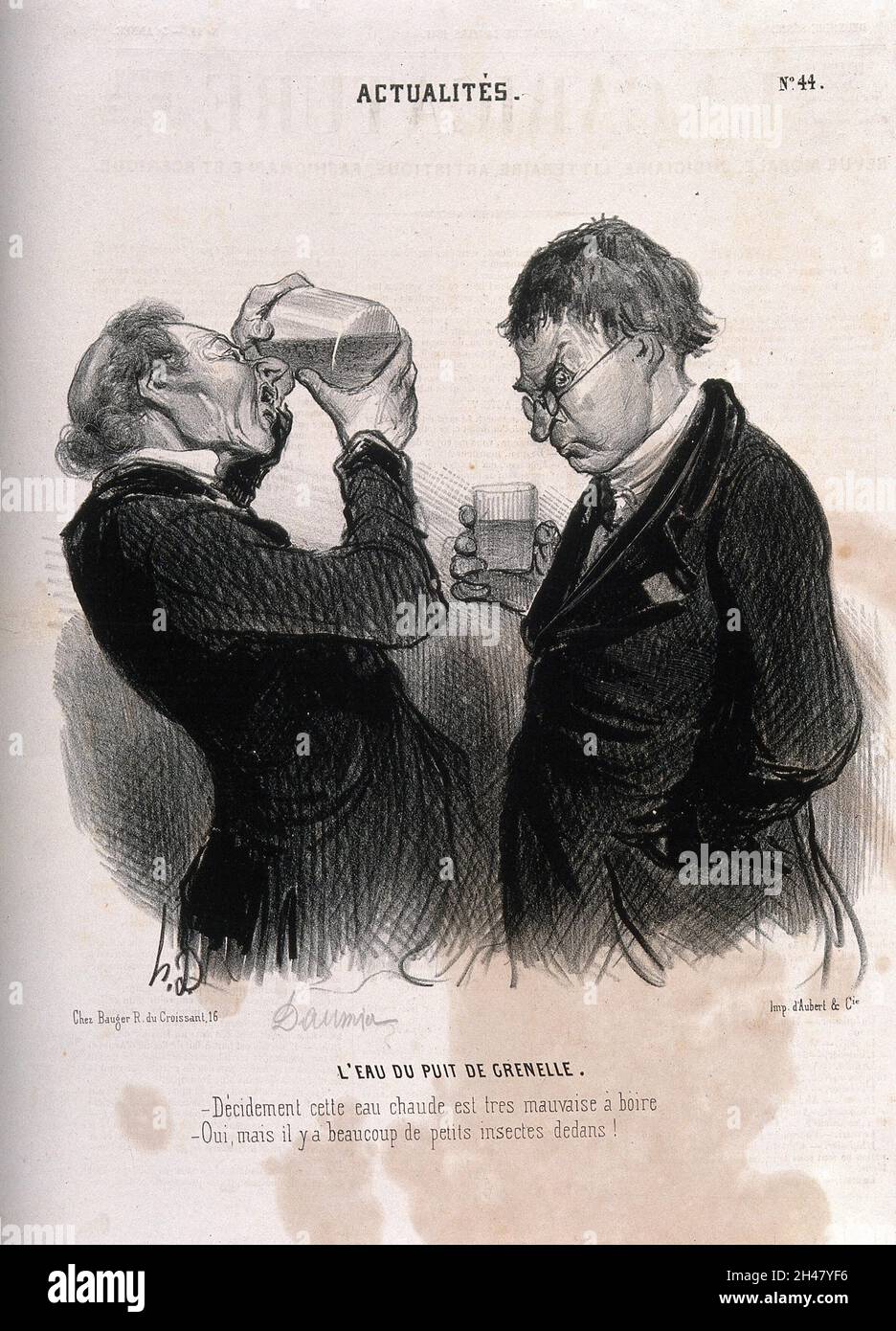 Deux messieurs inspectent l'eau du nouveau puits artésien de Grenelle, juste à l'extérieur de Paris.Lithographie de H. Daumier, 1841. Banque D'Images
