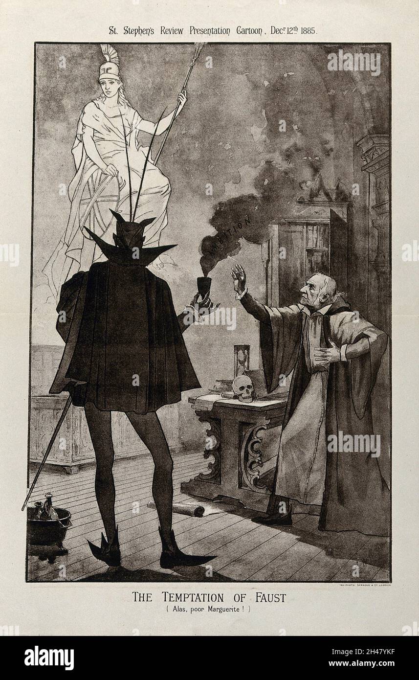 W.E.Gladstone comme le Dr Faustus faisant un pacte avec Mephistopheles afin de satisfaire ses ambitions politiques.Lithographie par J.M Rogier, 12 décembre 1885. Banque D'Images