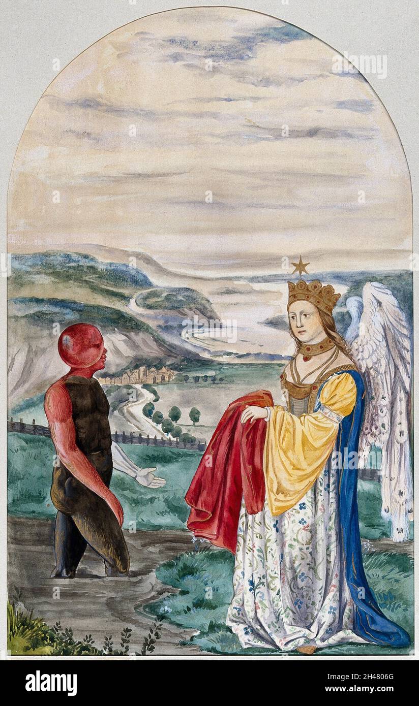 Un homme noir avec une tête rouge et un bras droit émerge d'un ruisseau fade dans un paysage où une femme ailé l'attend avec un vêtement rouge; représentant les transformations de l'œuvre alchimique de la corruption à la perfection.Aquarelle. Banque D'Images