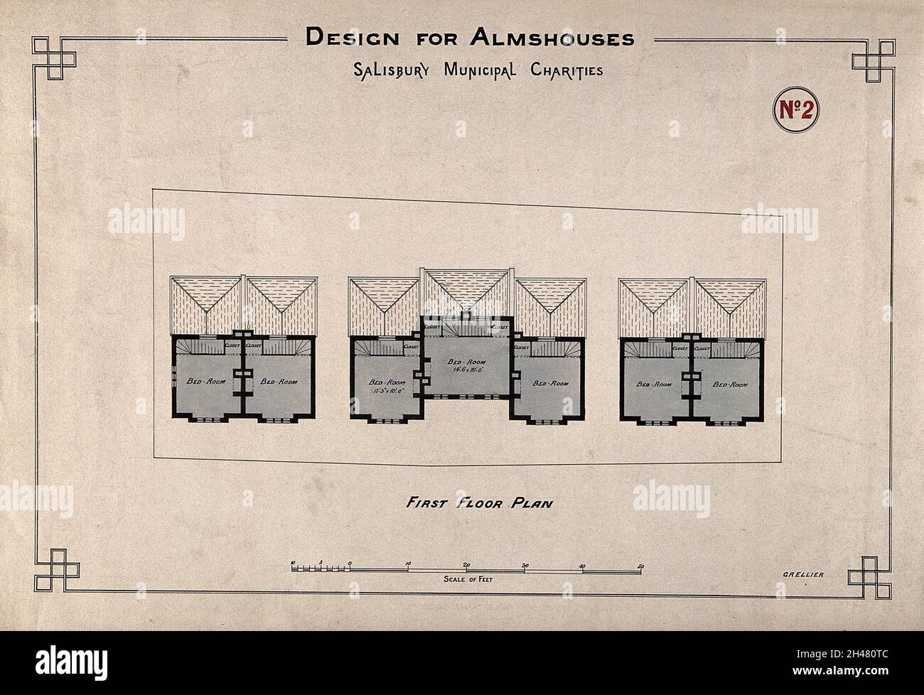 Almshouse, Salisbury: Plan du premier étage.Dessin coloré par W. Grellier. Banque D'Images