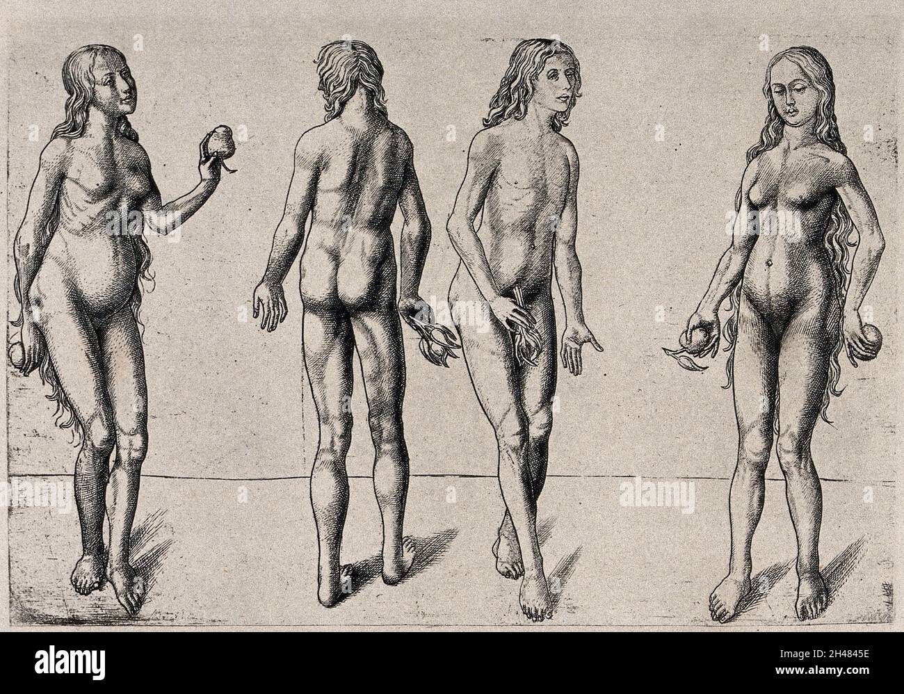 Adam et Eve tenant des fruits: Quatre chiffres.Héliogravure par C. Amand-Durand. Banque D'Images