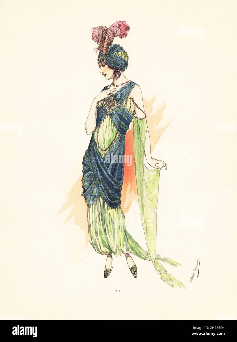 Femme en costume de fantaisie comme Scheherazade.Robe en crêpe de Chine  vert du Nil et brocart métallique, avec broderie or et argent, turban  plumé, pantalon de harem, manches traînantes vert du Nil.Lithographie