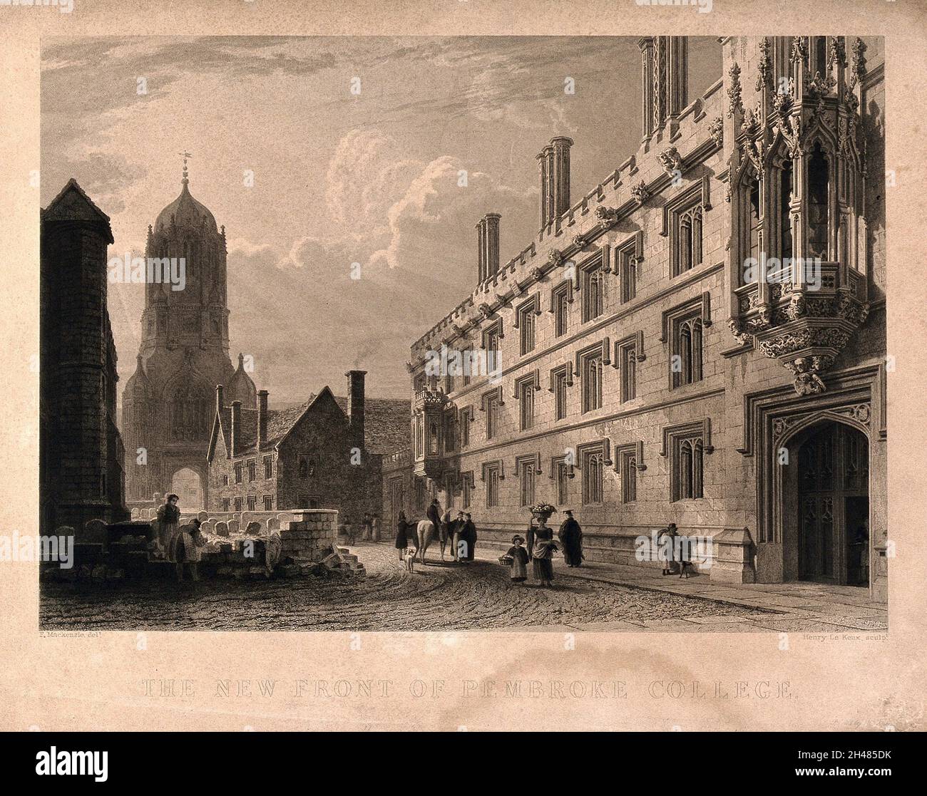 Pembroke College, Oxford : avec le Mémorial de Martyr en arrière-plan.Gravure de lignes par H. le Keux, 1837, après F. Mackenzie. Banque D'Images
