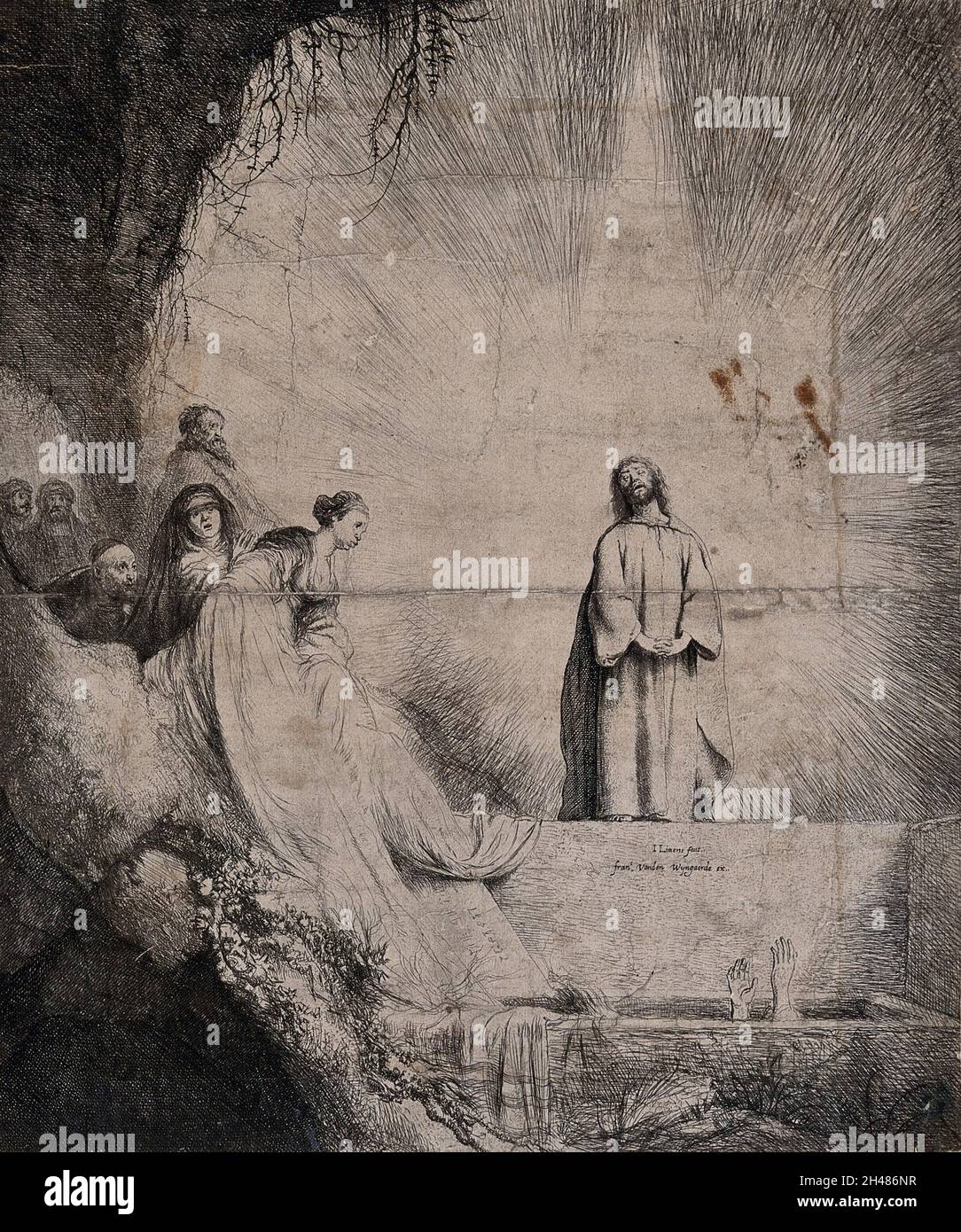 Christ, priant à la lumière, lève Lazare de sa tombe.Gravure après J. Lievens, 1631. Banque D'Images