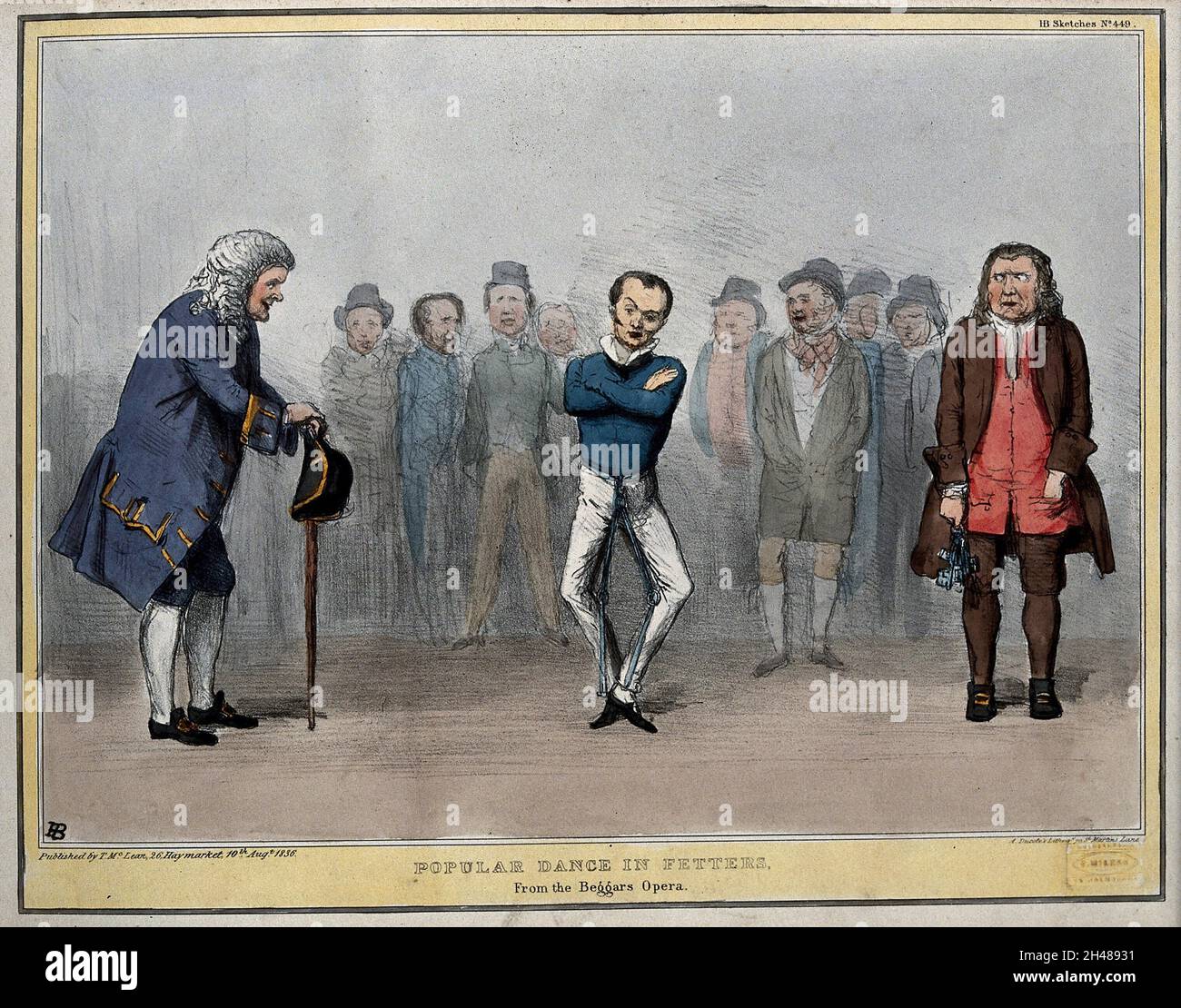 Lord John Russell dans les fetters, comme Filch, danse tandis que Daniel O'Connell, à gauche, représente Peachum et Joseph Hume, à droite, Lockitt.Lithographie colorée par H.B.(John Doyle), 1836. Banque D'Images