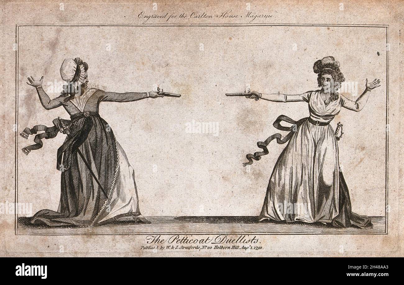 Une dame et une femme de rang inférieur dueling avec des pistolets.Gravure, 1er août 1792. Banque D'Images