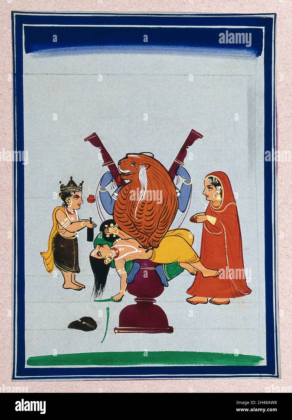 Un épisode dans une histoire mythologique indienne : une figure, une partie tigre, une partie homme abatte un homme couché devant lui, tandis qu'un couple regarde avec les mains pliées.Peinture de gouache par un artiste indien. Banque D'Images