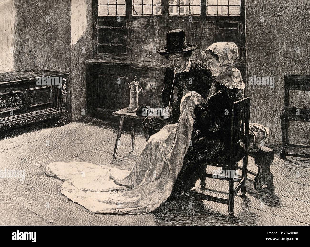 Un homme et une femme s'assoient confortablement dans leur chambre, il fume un tuyau pendant qu'elle rase.Gravure par H. frappé après Claus Meyer. Banque D'Images