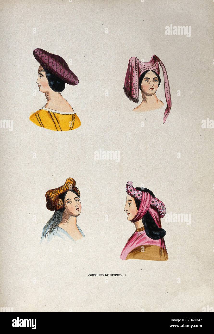 Quatre styles différents de cheveux et coiffes portés par les femmes à la fin du Moyen âge.Gravure colorée. Banque D'Images
