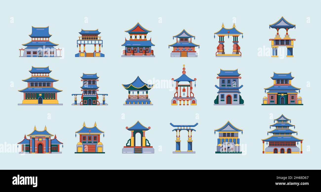 Bâtiments traditionnels de chine.L'ancien japon ou la chine abrite des lieux culturels pour les voyageurs garache vecteur ensemble de dessins animés isolé Illustration de Vecteur