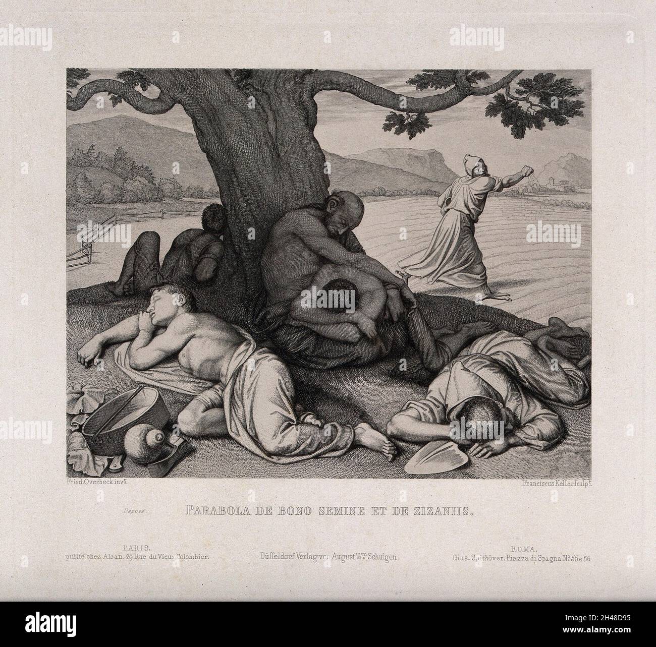 Les hommes dorment sous un arbre; on sème les graines; représentant la parabole biblique de la sower.Gravure par F. Keller après J.F.Overbeck. Banque D'Images