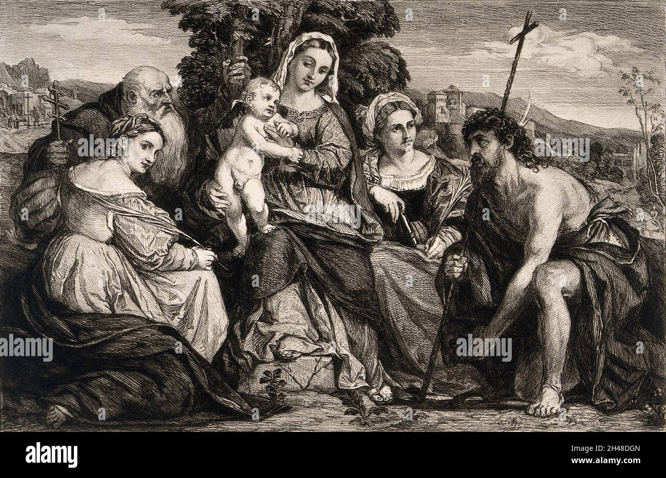 Sainte Marie (la Sainte Vierge) avec le Christ enfant et une sainte femme non identifiée, Saint Jérôme, Sainte Catherine d'Alexandrie et Saint Jean-Baptiste.Gravure par W. Unger d'après J. Palma, il Vecchio. Banque D'Images