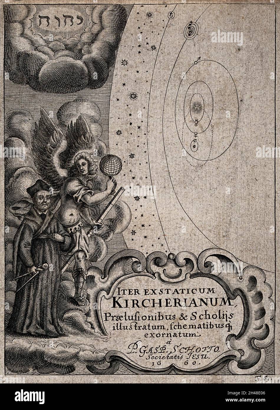 Athanasius Kircher étant guidé par un archange vers les sphères célestes.Gravure par F., 1660. Banque D'Images