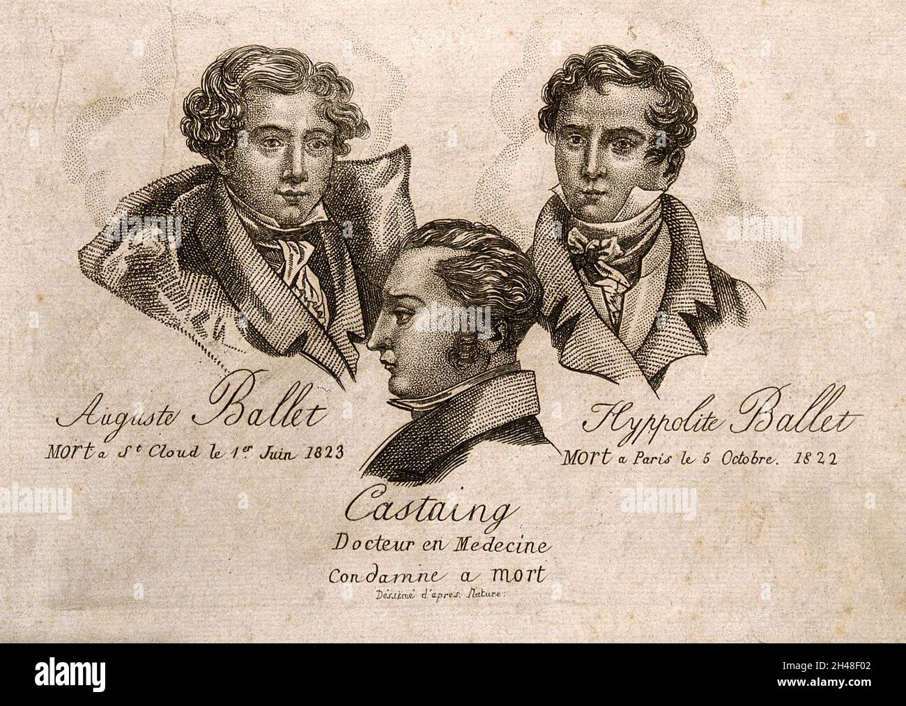 Edme-Samuel Castaing, l'empoisonneur, et ses deux victimes: Auguste et Hippolite Ballet.Gravure. Banque D'Images