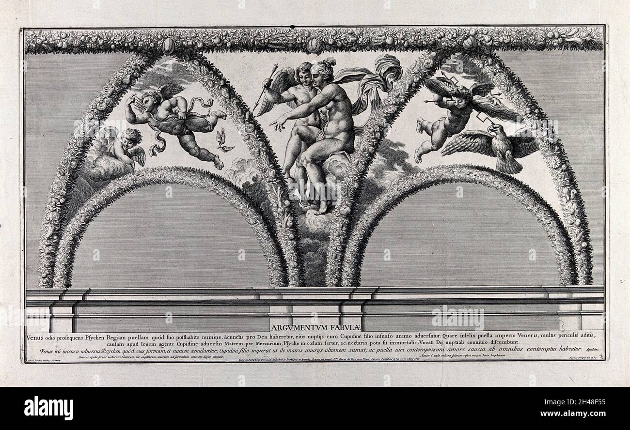 L'histoire de Cupidon et psyché : Vénus envoyant Cupidon à psyché.Gravure de N. Dorigny, 1693, après Raphaël. Banque D'Images
