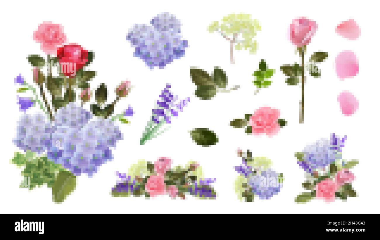 Collection de fleurs isolées.Roses, fleurs d'hortensia.Éléments floraux mode, bouquets avec feuilles.Ensemble de jardiniers à vecteur naturel Illustration de Vecteur