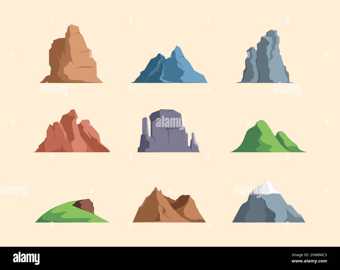 Montagnes de dessins animés.Les symboles Rocky dehors montagne enneigée pour les touristes grimpeurs iceberg emblèmes pierres garish illustrations vectorielles Illustration de Vecteur