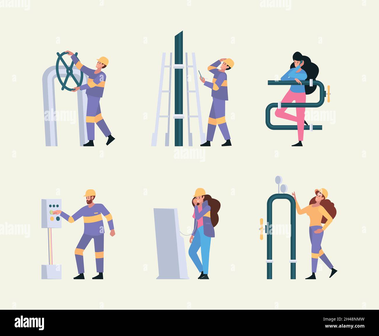 Industrie du gaz de pétrole.Ingénieurs travailleurs diversité professionnel tuyauterie service industriel personnages garish vecteur plat illustrations stylisées concept Illustration de Vecteur