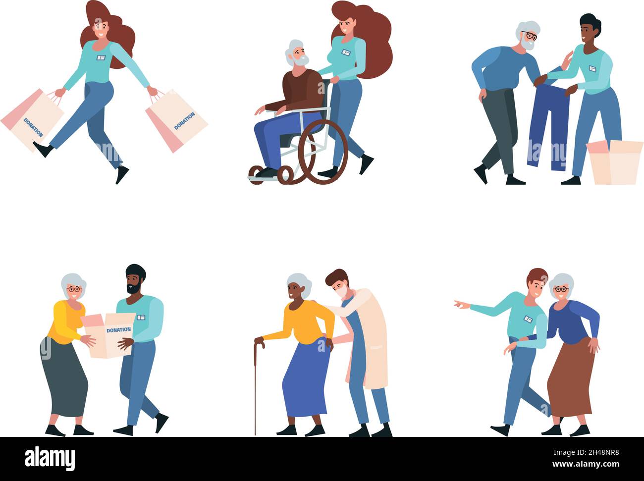 Travailleurs sociaux.Service de soutien pour les personnes pauvres infirmière aidant aux personnes âgées en fauteuil roulant garish vecteur personnes illustrations dans le style plat Illustration de Vecteur