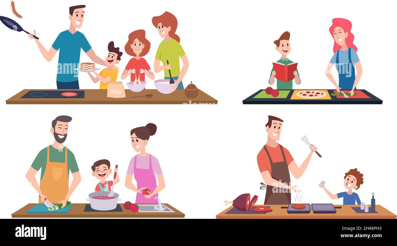 Cuisine familiale.Les couples heureux et les enfants passent du temps dans la cuisine pour préparer la nourriture servant table laver les ustensiles vecteur exact smilng personnages Illustration de Vecteur