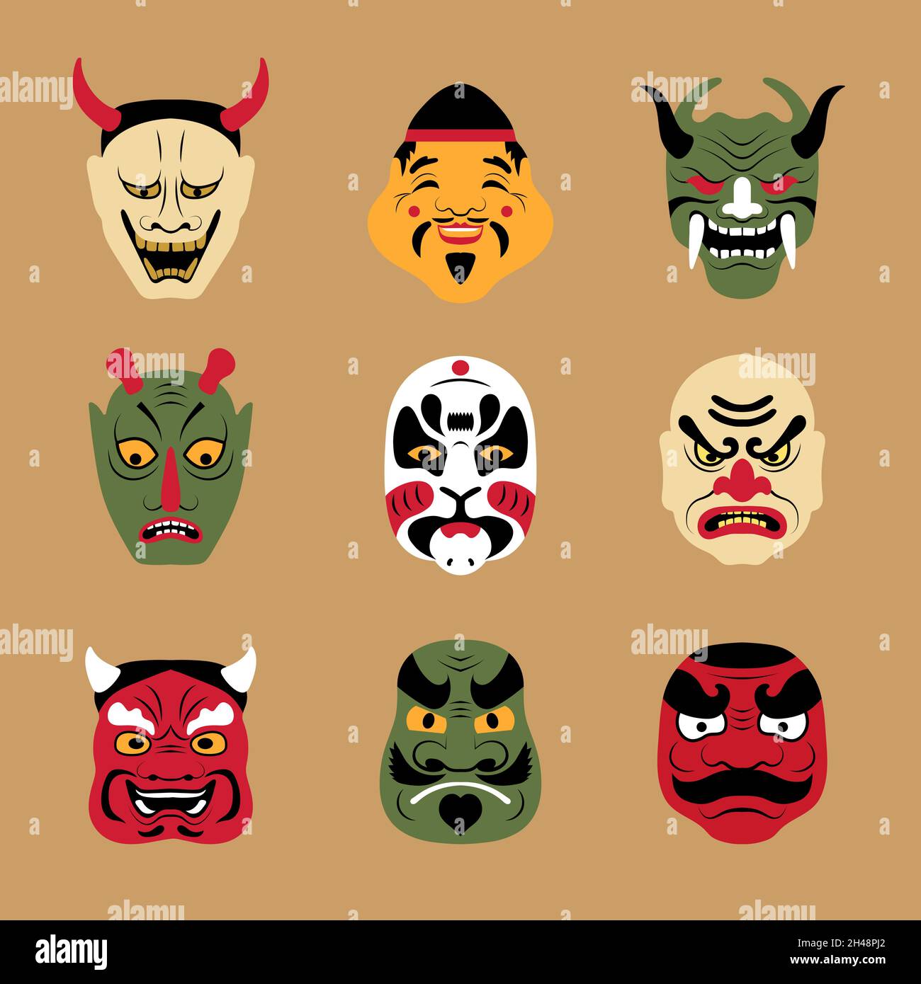 Masque asiatique.Authentique théâtre japonais masques tatouage visage loup et renard dessin animé fille art femme vecteur récent illustrations plates stylisées Illustration de Vecteur