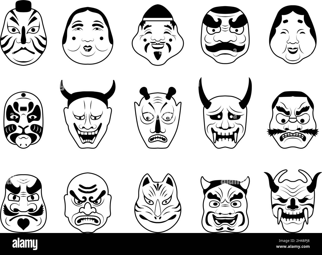 Masque de théâtre asiatique.Objets d'art culturel japonais pour visage renard masqué loup samouraï et femme de beauté vecteur récent symboles asiatiques Illustration de Vecteur