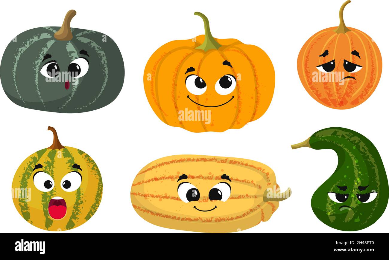 Mignon dessin animé citrouille.Temps de récolte, légumes frais de la ferme.Pumpkins Comic faces ensemble vectoriel Illustration de Vecteur