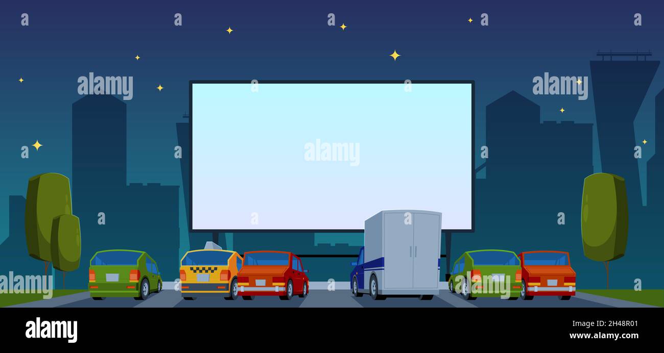 Cinéma en plein air.Automobile dans la nuit sombre filmant des événements d'attraction dans le parc d'été garish illustrations vectorielles plates Illustration de Vecteur